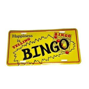 Vintage "Happiness Is Yelling Bingo" Bingo Car License Plate 12 X 6 Yellow Black